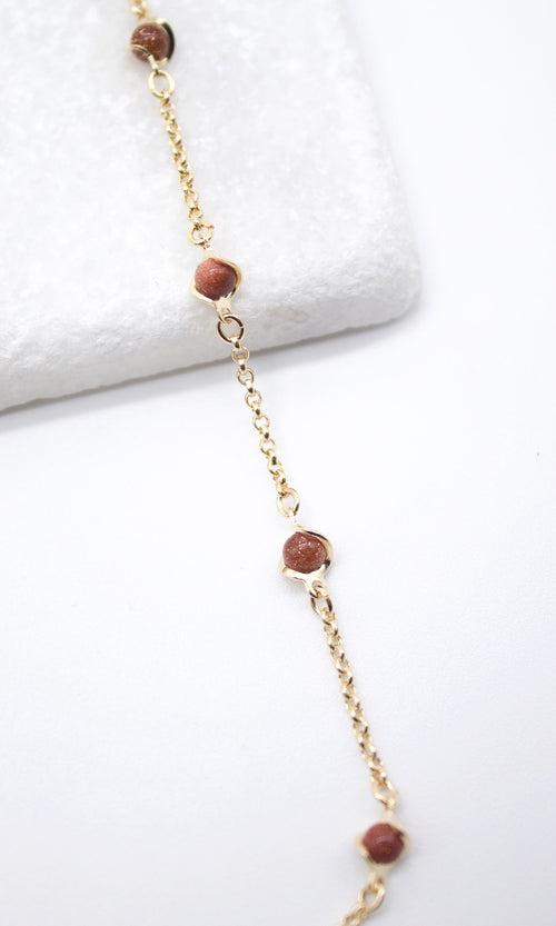 18K Gold Filled 5mm Designed Brown aventurine Bead Necklace (F221)