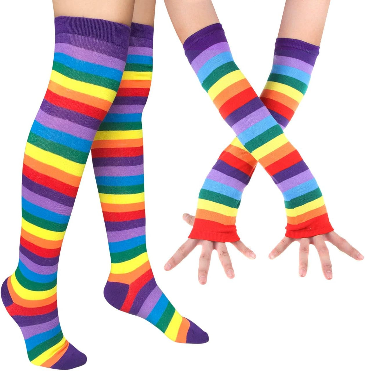 Womens Rainbow Socks Striped Knee High Socks Arm Warmer Fingerless Gloves Set
